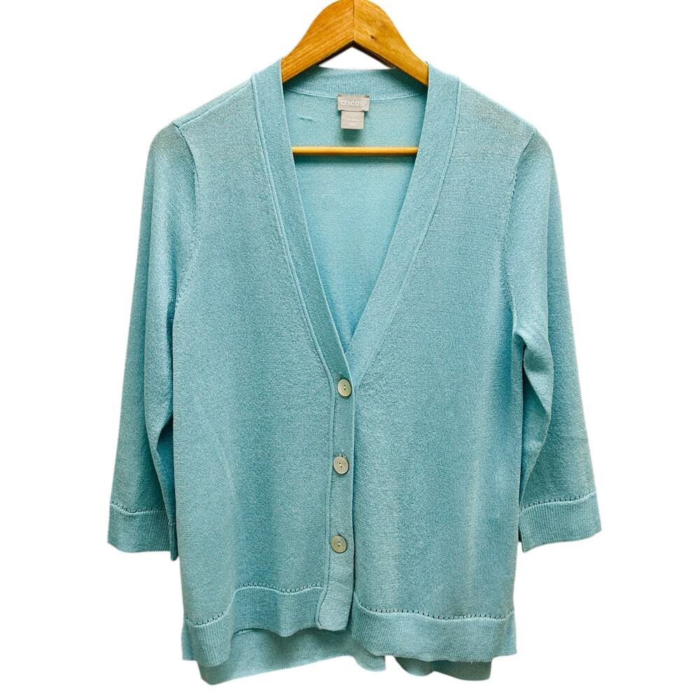 Chico’s 1 US M Blue Sparkly Cardigan 3/4 Sleeve V-Neck 3 Button Sweater
